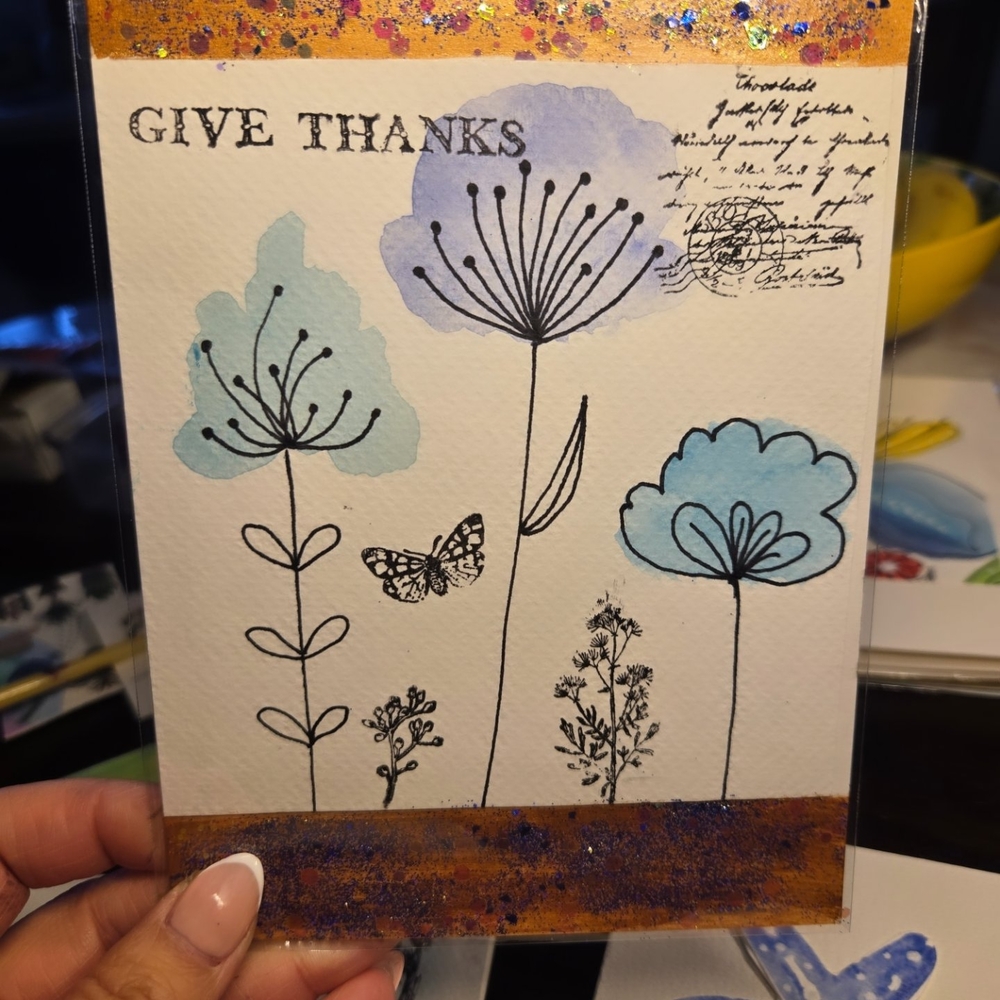 Floral Thank You Card with Blue Accents